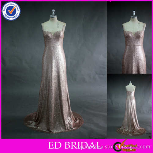 LN148 Stunning matt gold sequin spaghetti straps real sample mature bridesmaid dress